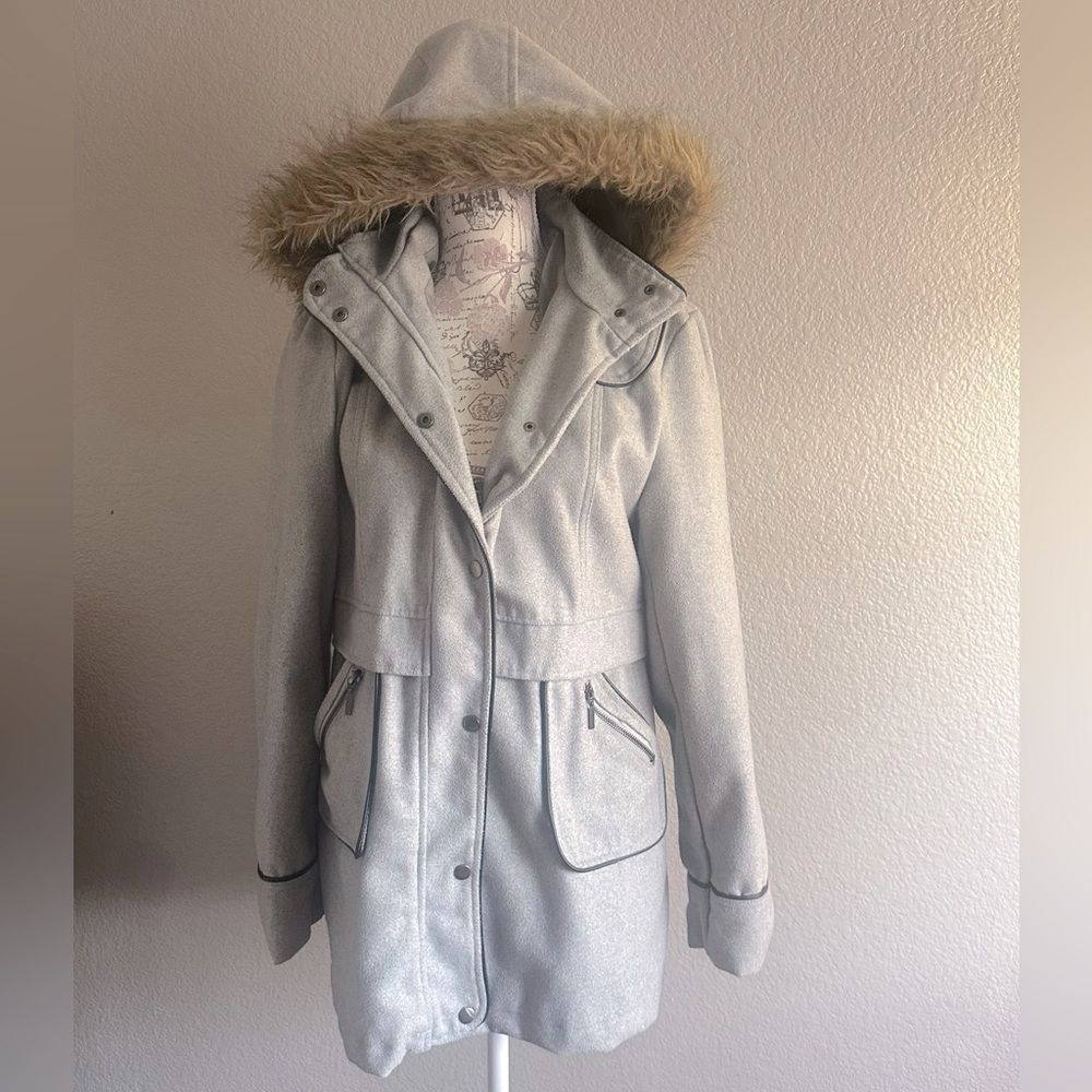 Women's Gray Hooded Coat with Faux Fur Trim M